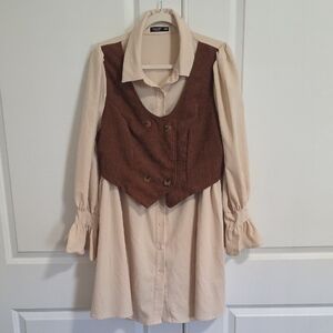 SHEIN Cream Long Sleeve Shirt Dress with Brown Corduroy Vest